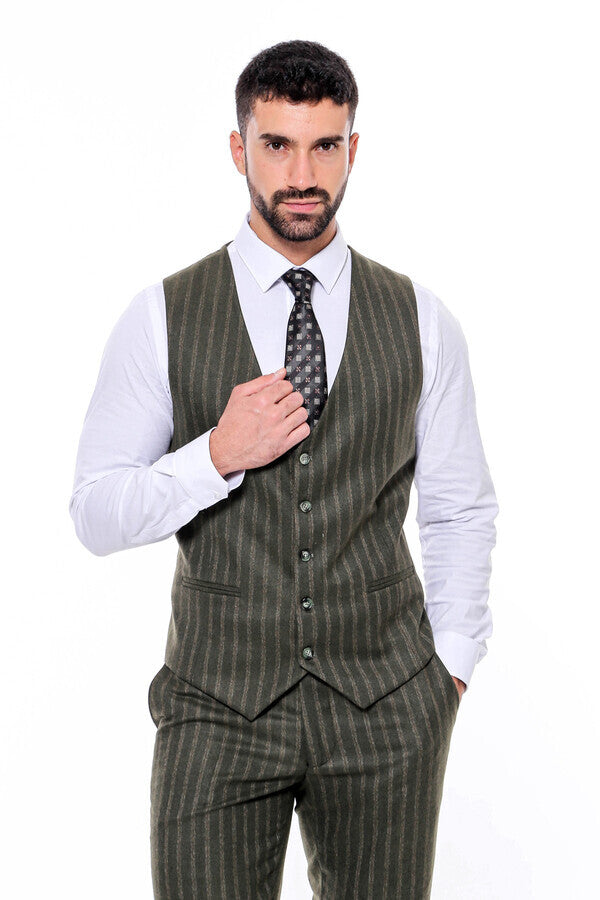 Green Striped Slim-Fit Vested Suit - Wessi