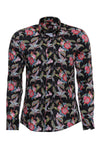 Hummingbird And Floral Patterned Long Sleeves Black Men Shirt - Wessi