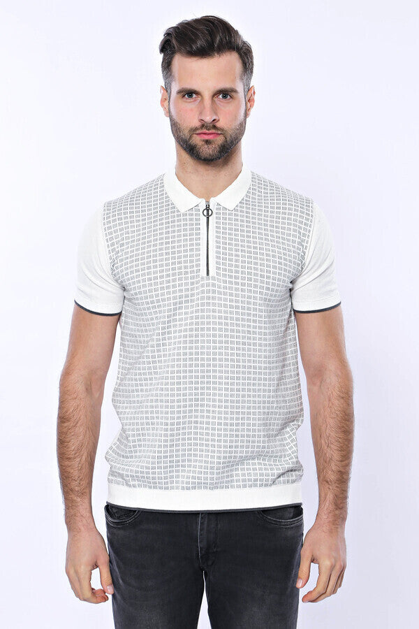 Camiseta polo de punto con cremallera a cuadros gris claro | wess