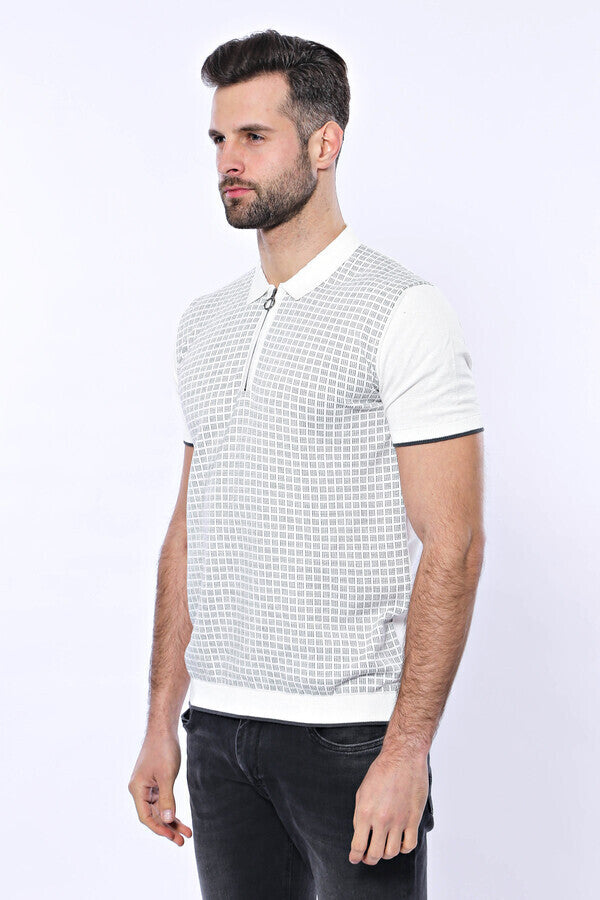 Camiseta polo de punto con cremallera a cuadros gris claro | wess