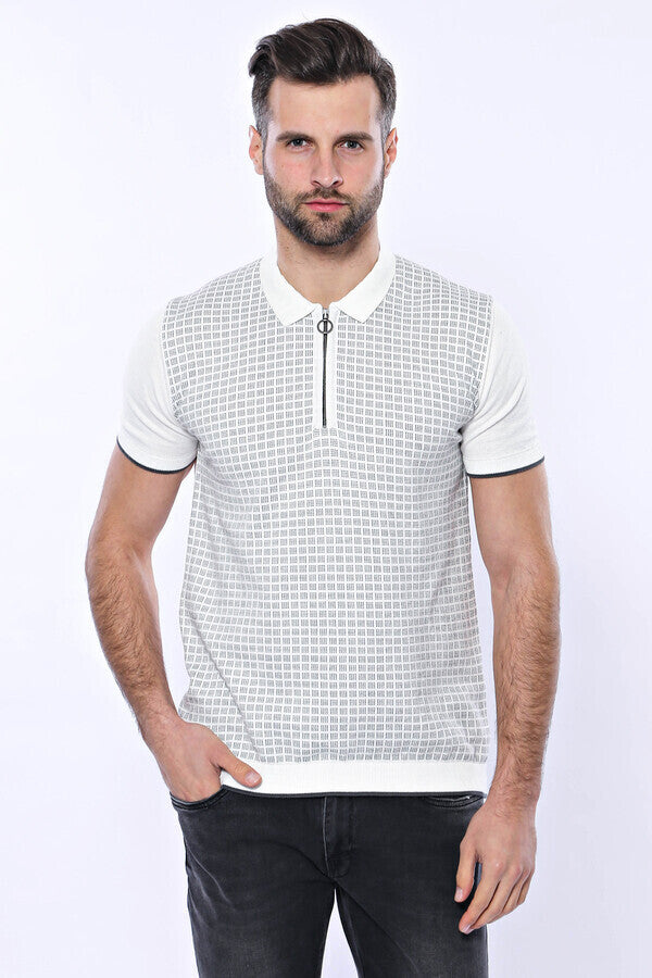 Light Grey Plaid Zippered Knitted Polo T-Shirt | Wessi