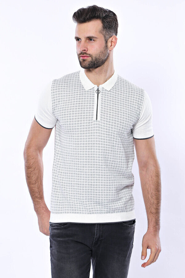 Camiseta polo de punto con cremallera a cuadros gris claro | wess