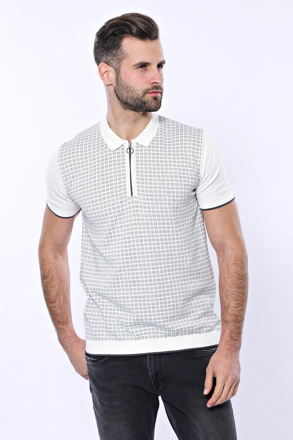 Camiseta polo de punto con cremallera a cuadros gris claro | wess
