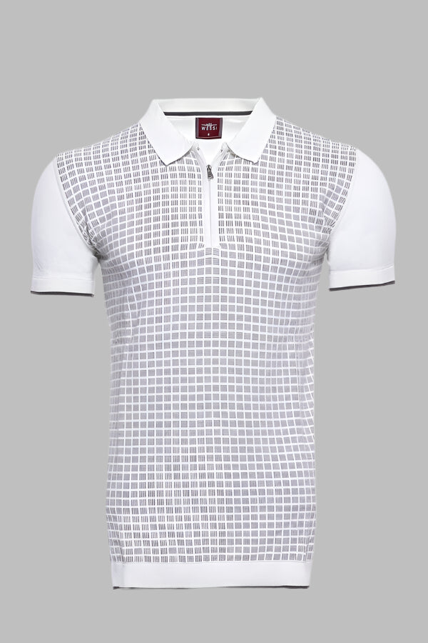 Camiseta polo de punto con cremallera a cuadros gris claro | wess