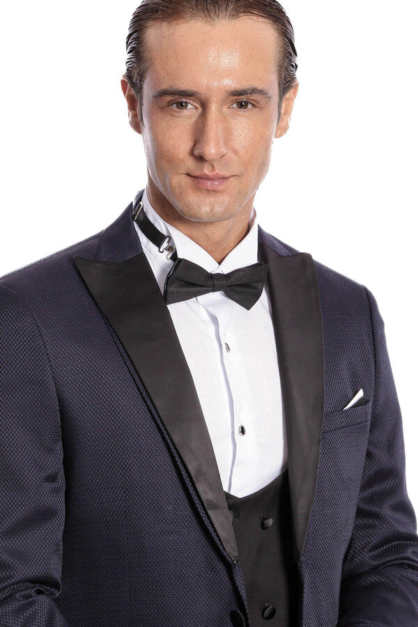 Patterned Combined Navy Blue Men Tuxedo - Wessi