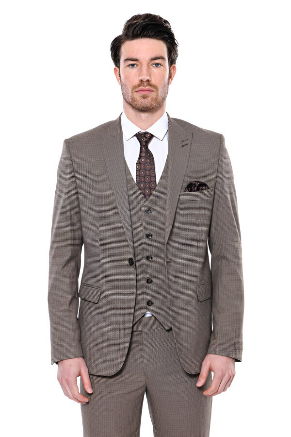 Patterned Slim Fit Light Brown Men Blazer - Wessi
