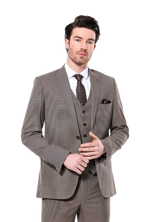 Patterned Slim Fit Light Brown Men Blazer - Wessi