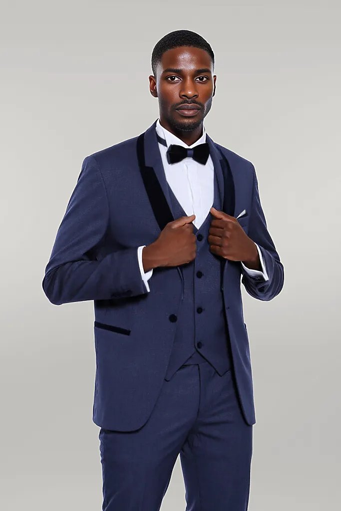 Patterned Velvet Lapel Navy Blue Tuxedo Wessi