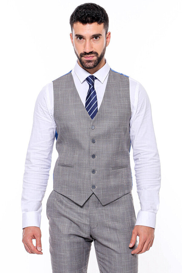 Patterned Vested Slim-Fit Grey Men Suit - Wessi