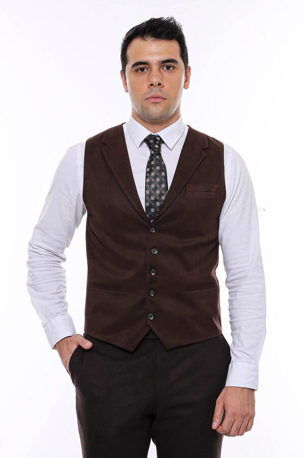 Plain Collared Dark Brown Men Vest - Wessi