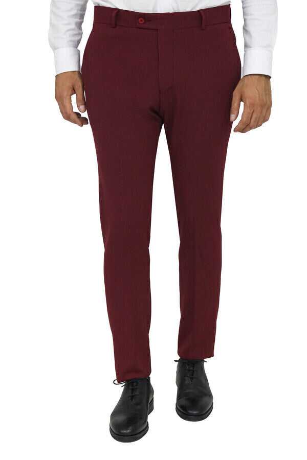 Slim Fit Plain Burgundy Men Pants - Wessi