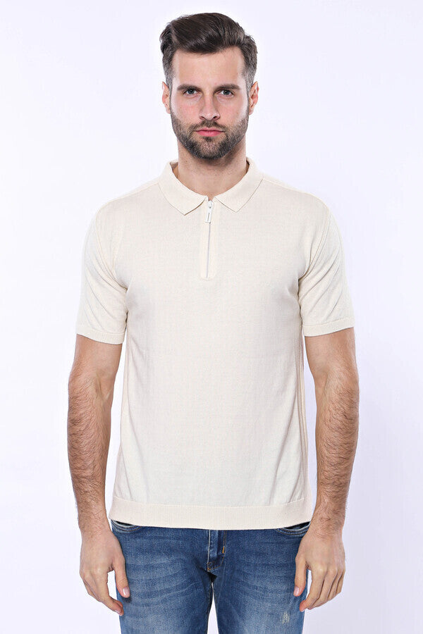 Polo Neck Plain Cream Knitted T-Shirt - Wessi