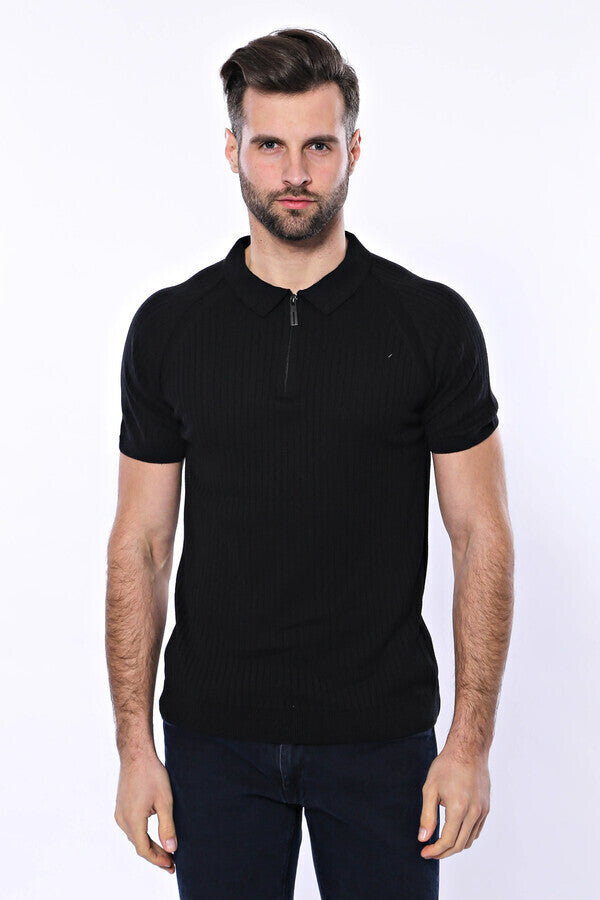 Camiseta Polo De Punto Negra Estampada Con Cremallera - Wessi