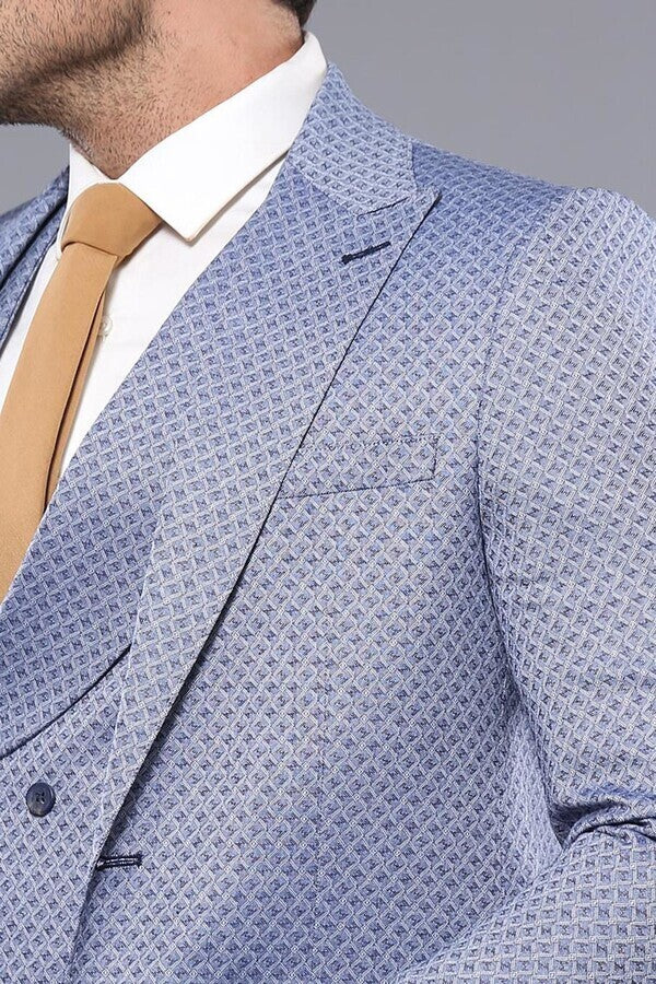 Self Patterned Vested Blue Suit | Wessi