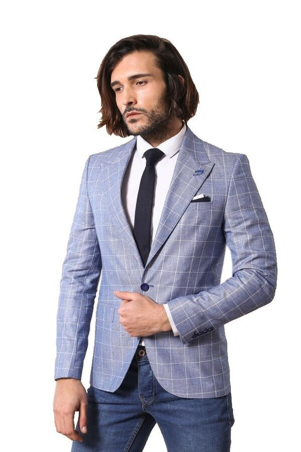 Single Button Wide Pointed Collar Blue Blazer Wessi