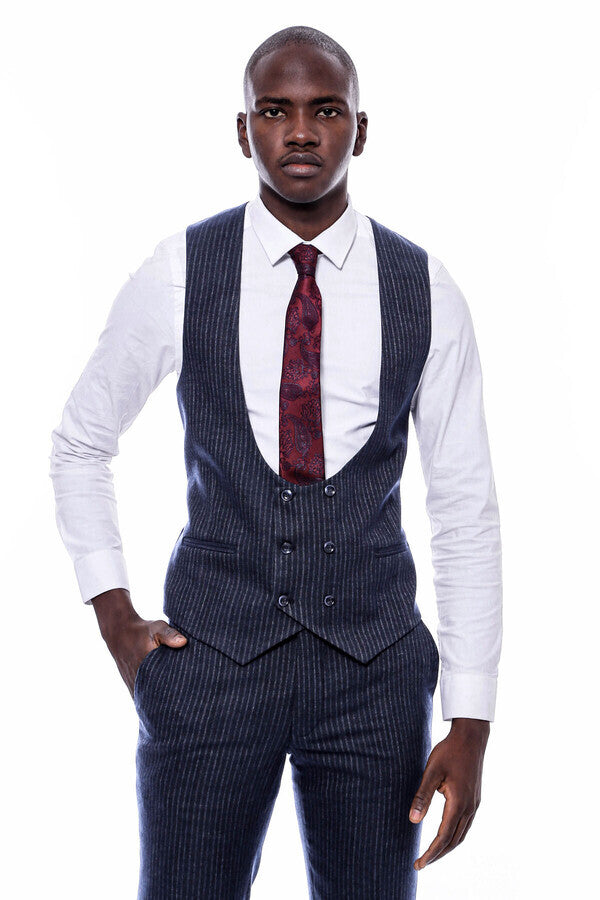 Striped Navy Double Breasted Suit - Wessi