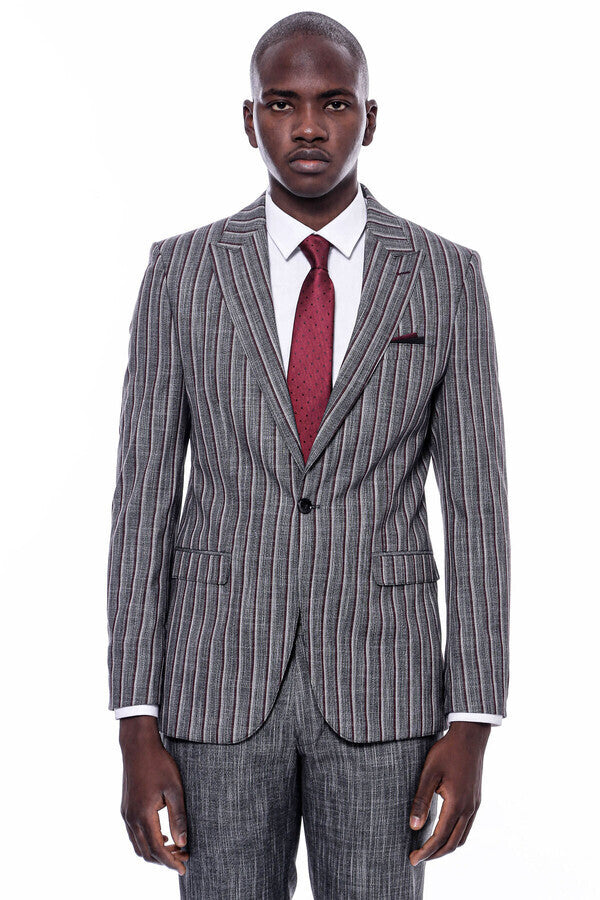 Striped Two Piece Grey Men Suit - Wessi