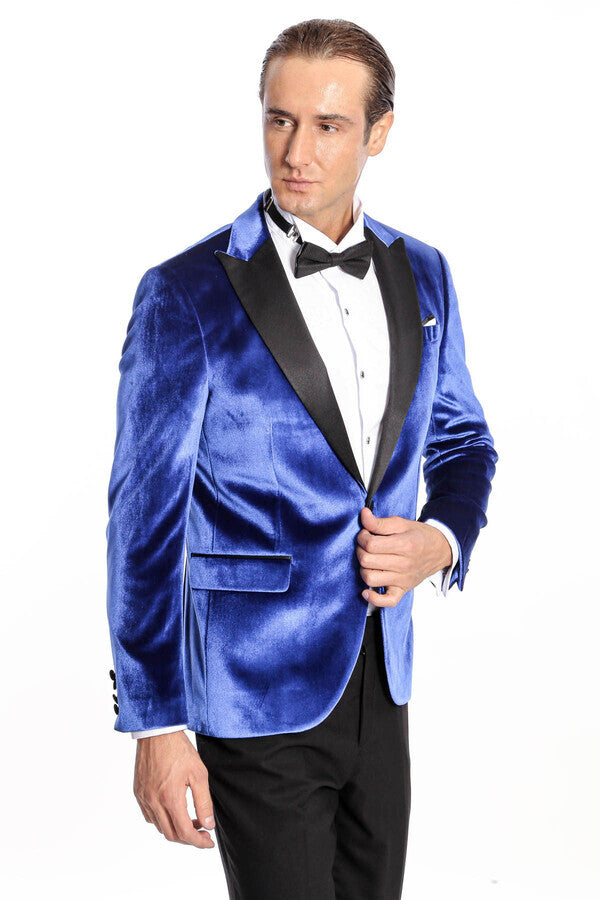 Velvet Navy Blue Slim Fit Men Prom Blazer - Wessi