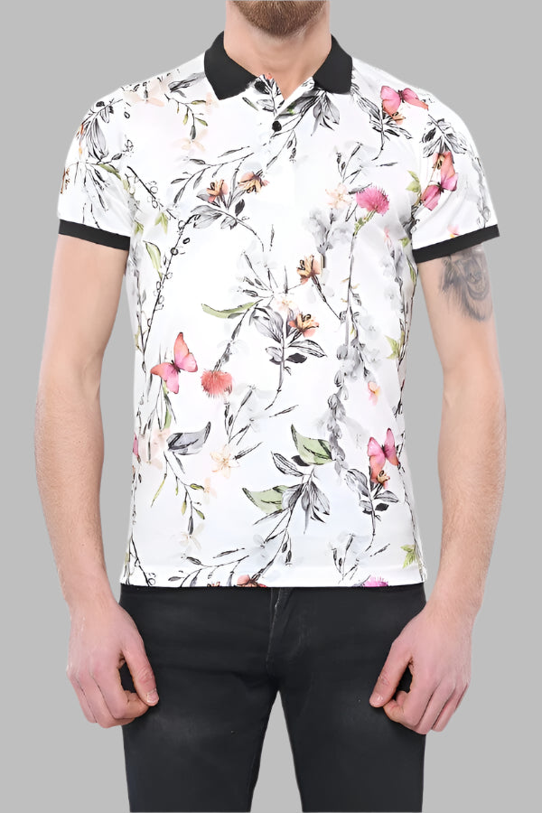 Polo Neck Floral Pattern Yellow T-Shirt - Wessi
