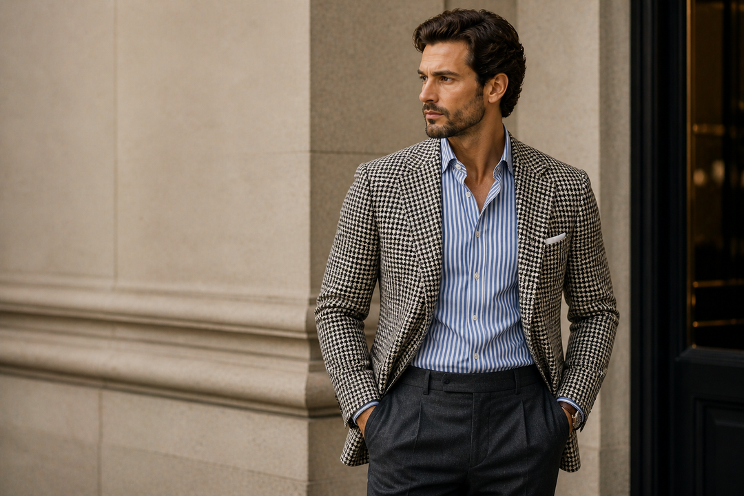Pattern Mixing 101: Houndstooth Jackets with Striped Shirts