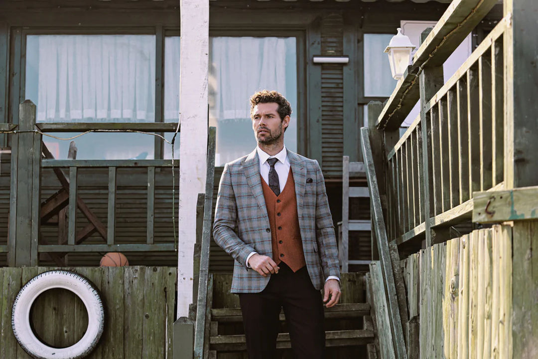 An Innovative Touch: Men's Suits with Plaid Jackets and Vests in Different Colors