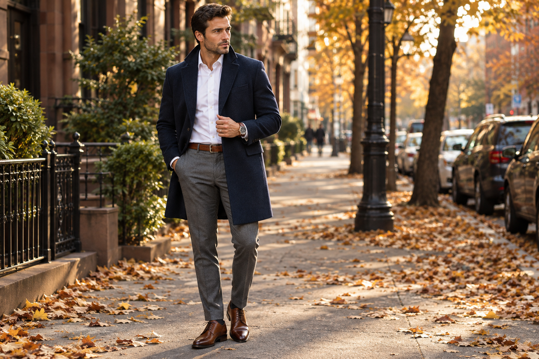 Men’s Navy Overcoats with Brown Accessories