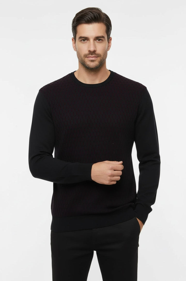 Black Diamond Patterned Circle Neck Sweater - Wessi