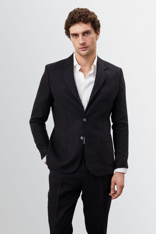 Men's Black 100% Linen  Blazer Jacket - Wessi