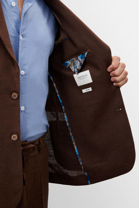 Men's Brown 100% Linen  Blazer Jacket - Wessi