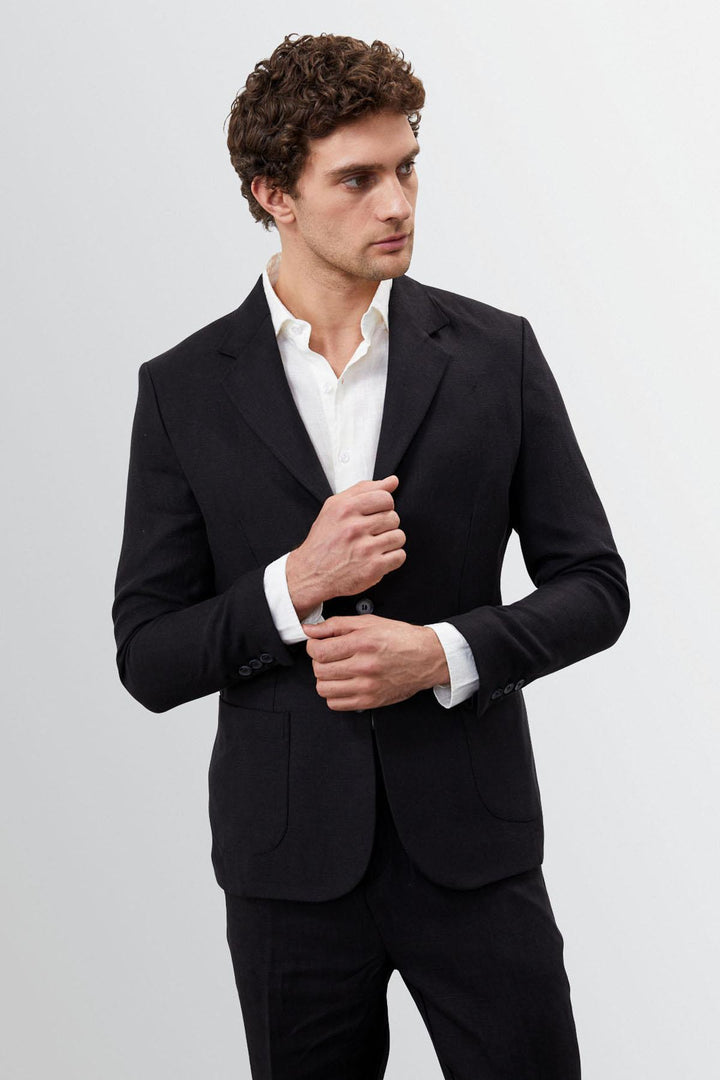 Men's Black 100% Linen  Blazer Jacket - Wessi