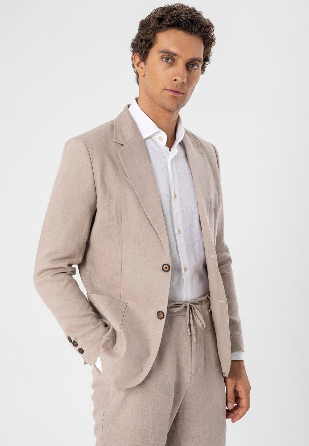 Men's Beige 100% Linen  Blazer Jacket - Wessi