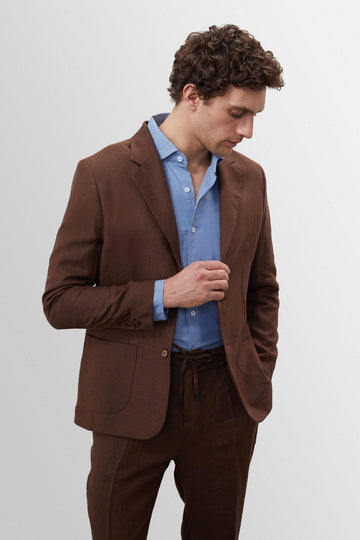 Men's Brown 100% Linen  Blazer Jacket - Wessi
