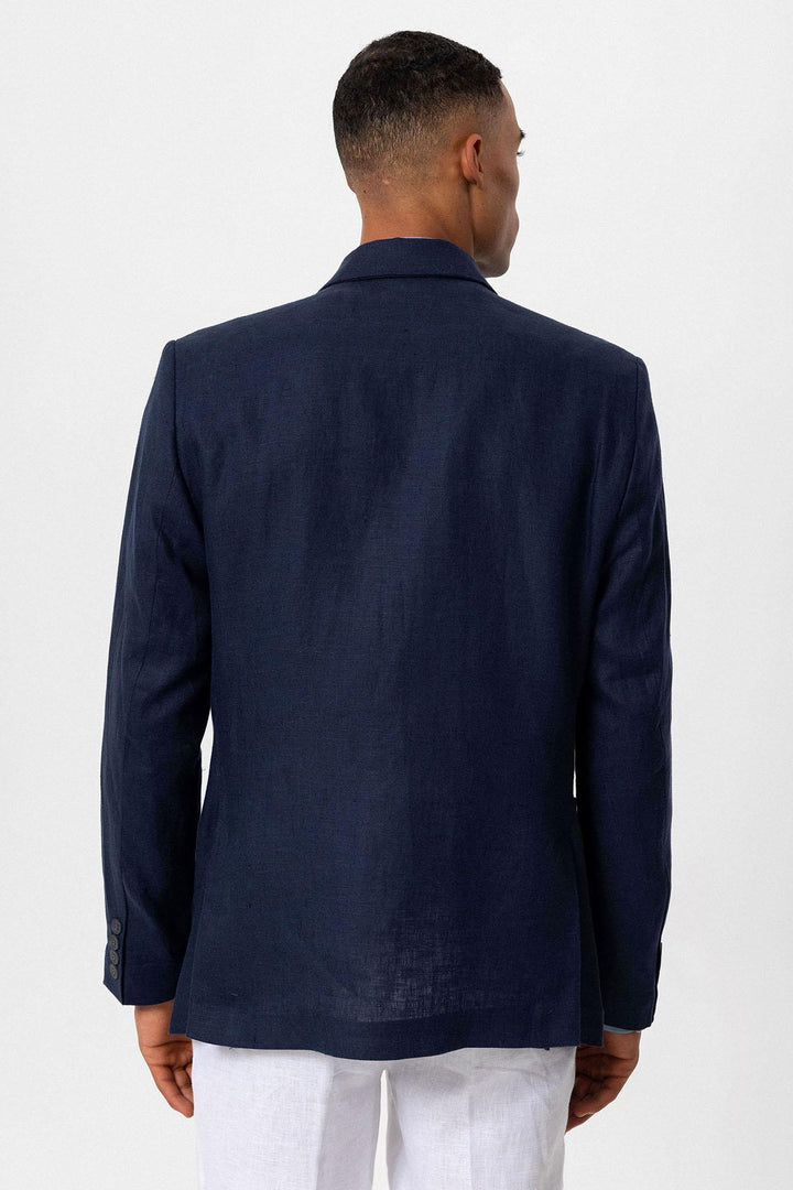 Men's Navy Blue 100% Linen Double-Breasted  Blazer - Wessi
