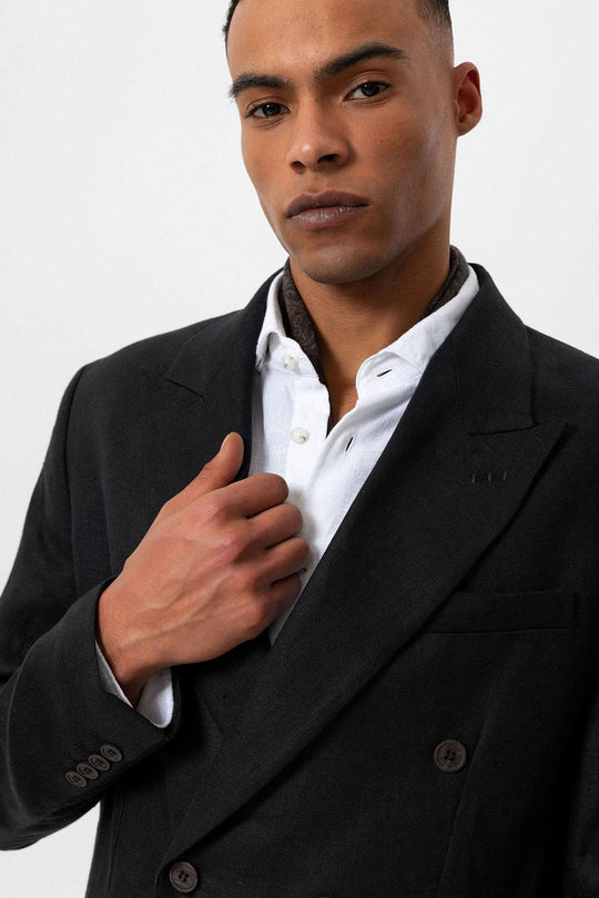 بليزر رجالي كتان 100% أسود مزدوج الصدر - ويسي