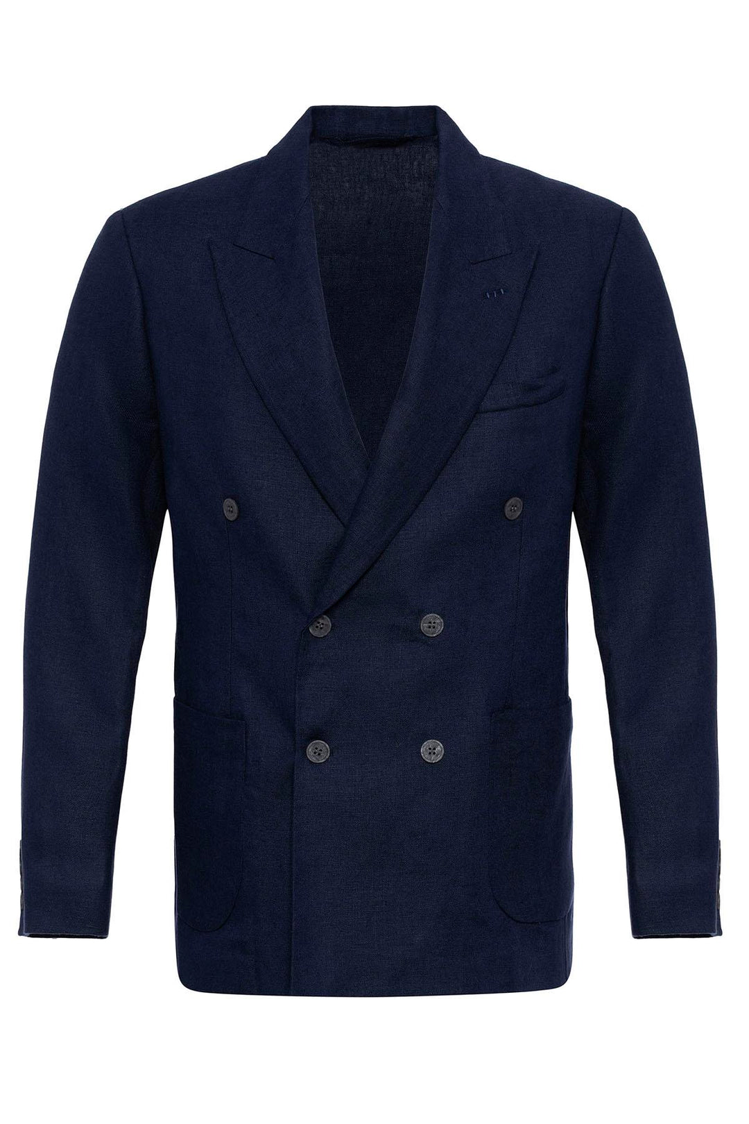Men's Navy Blue 100% Linen Double-Breasted  Blazer - Wessi
