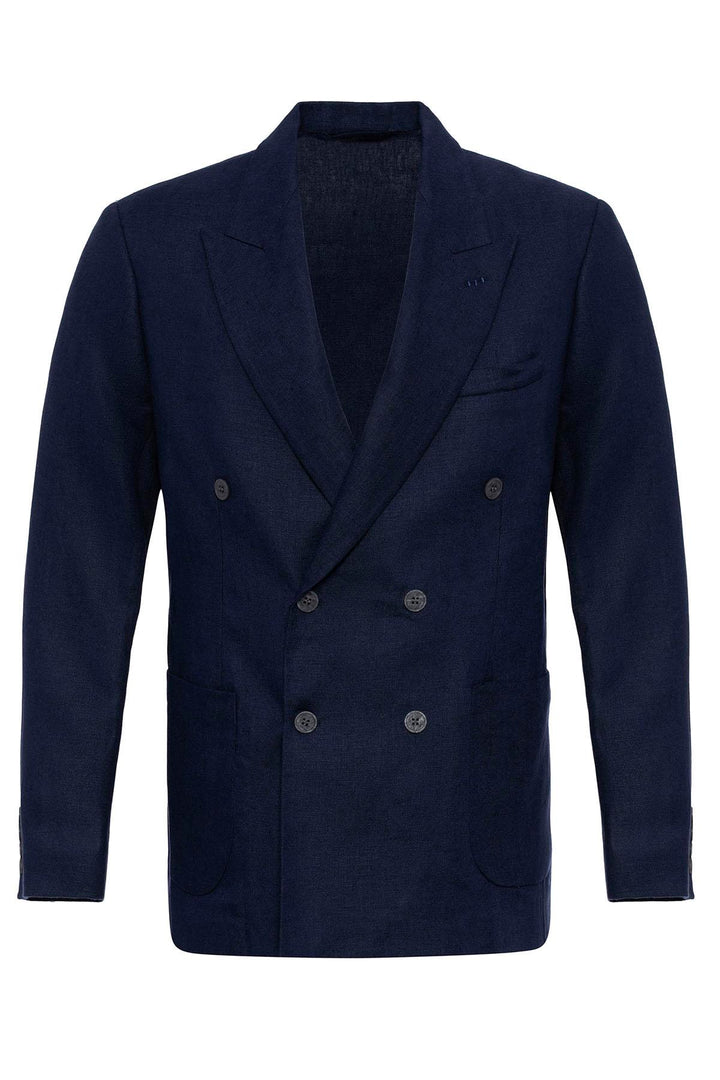 Men's Navy Blue 100% Linen Double-Breasted  Blazer - Wessi