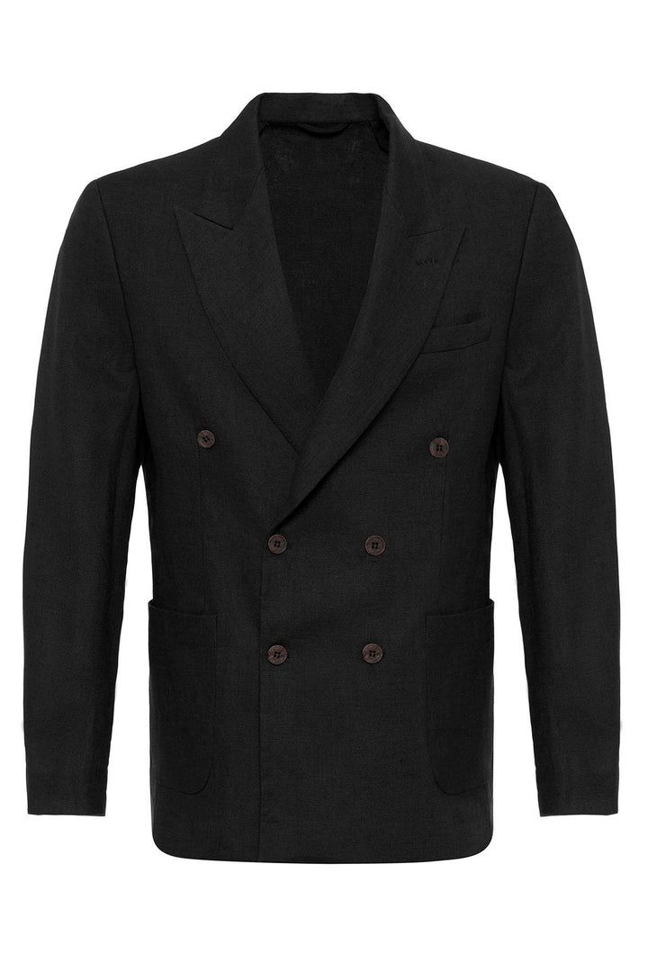 Men's Black 100% Linen Double-Breasted  Blazer - Wessi