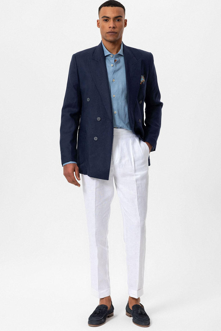 Men's Navy Blue 100% Linen Double-Breasted  Blazer - Wessi