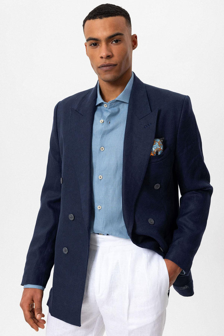 Men's Navy Blue 100% Linen Double-Breasted  Blazer - Wessi