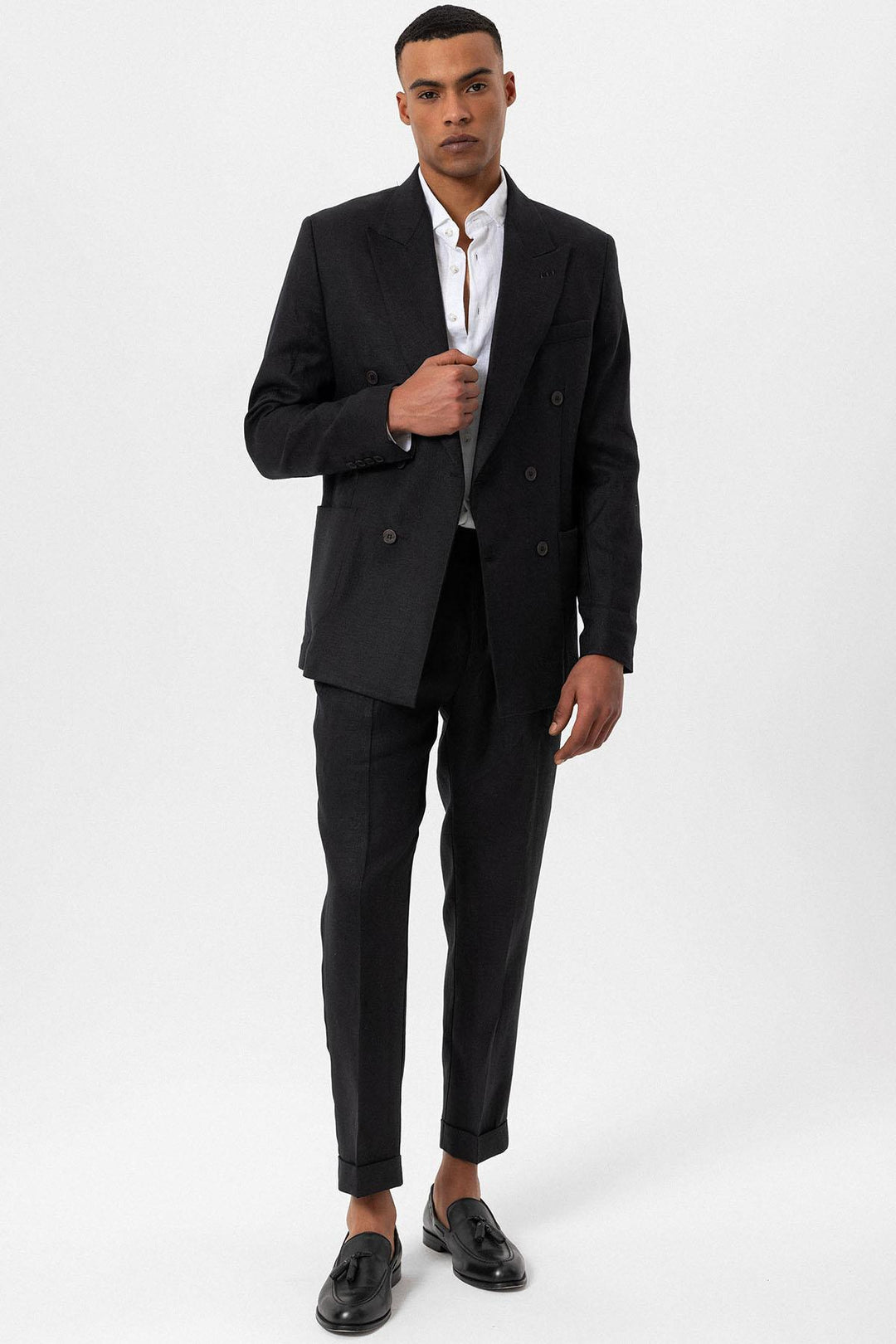 Men's Black 100% Linen Double-Breasted  Blazer - Wessi