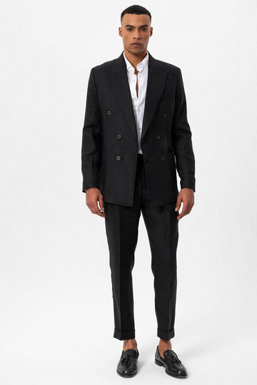 بليزر رجالي كتان 100% أسود مزدوج الصدر - ويسي