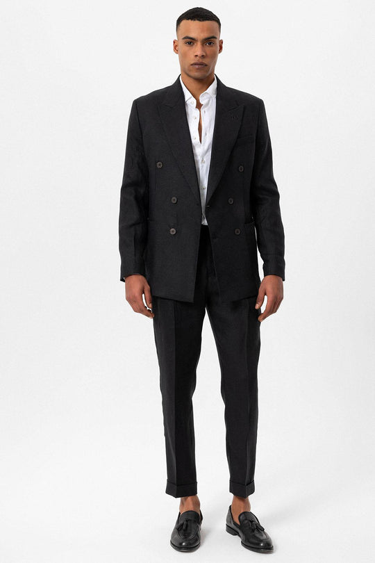 بليزر رجالي كتان 100% أسود مزدوج الصدر - ويسي