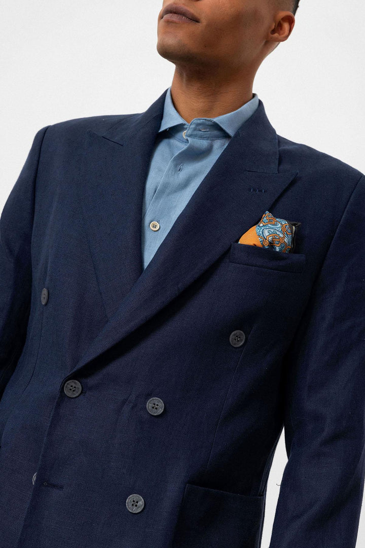 Men's Navy Blue 100% Linen Double-Breasted  Blazer - Wessi