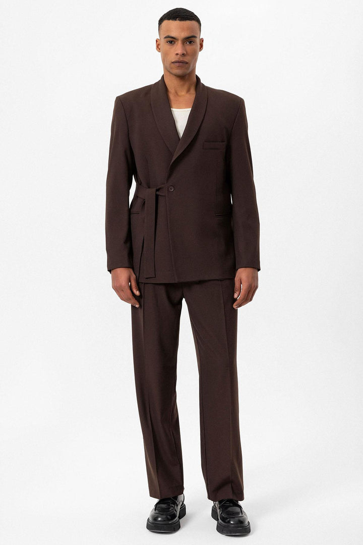 Men's Brown 100% Linen Pocket Detail Double-Breasted  Blazer - Wessi