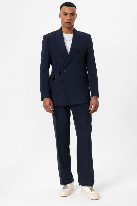 Blazer cruzado para hombre 100% lino azul marino con detalle de bolsillos - Wessi