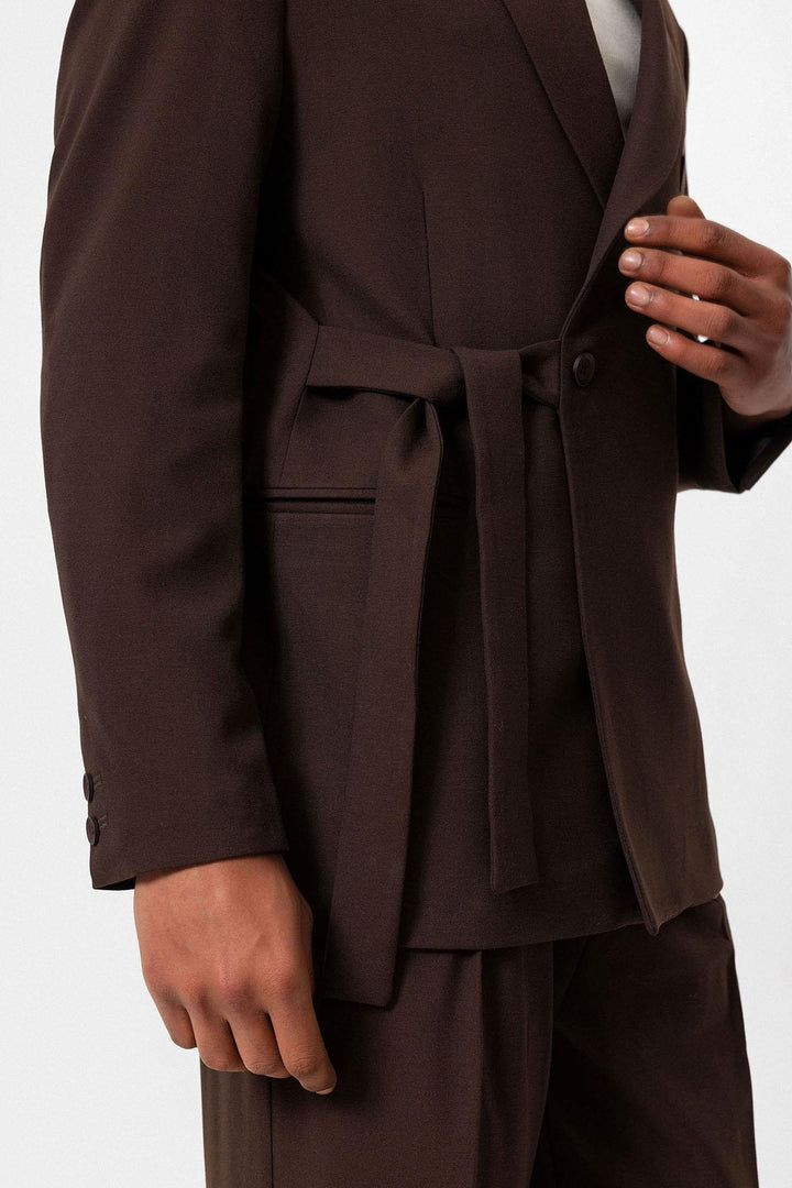 Men's Brown 100% Linen Pocket Detail Double-Breasted  Blazer - Wessi