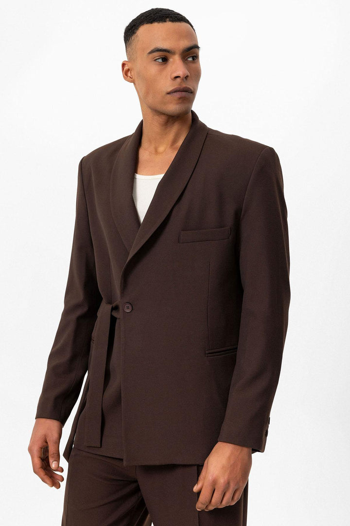 Men's Brown 100% Linen Pocket Detail Double-Breasted  Blazer - Wessi