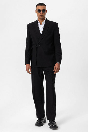 سترة سوداء بحزام مزدوج الصدر للرجال - ويسي