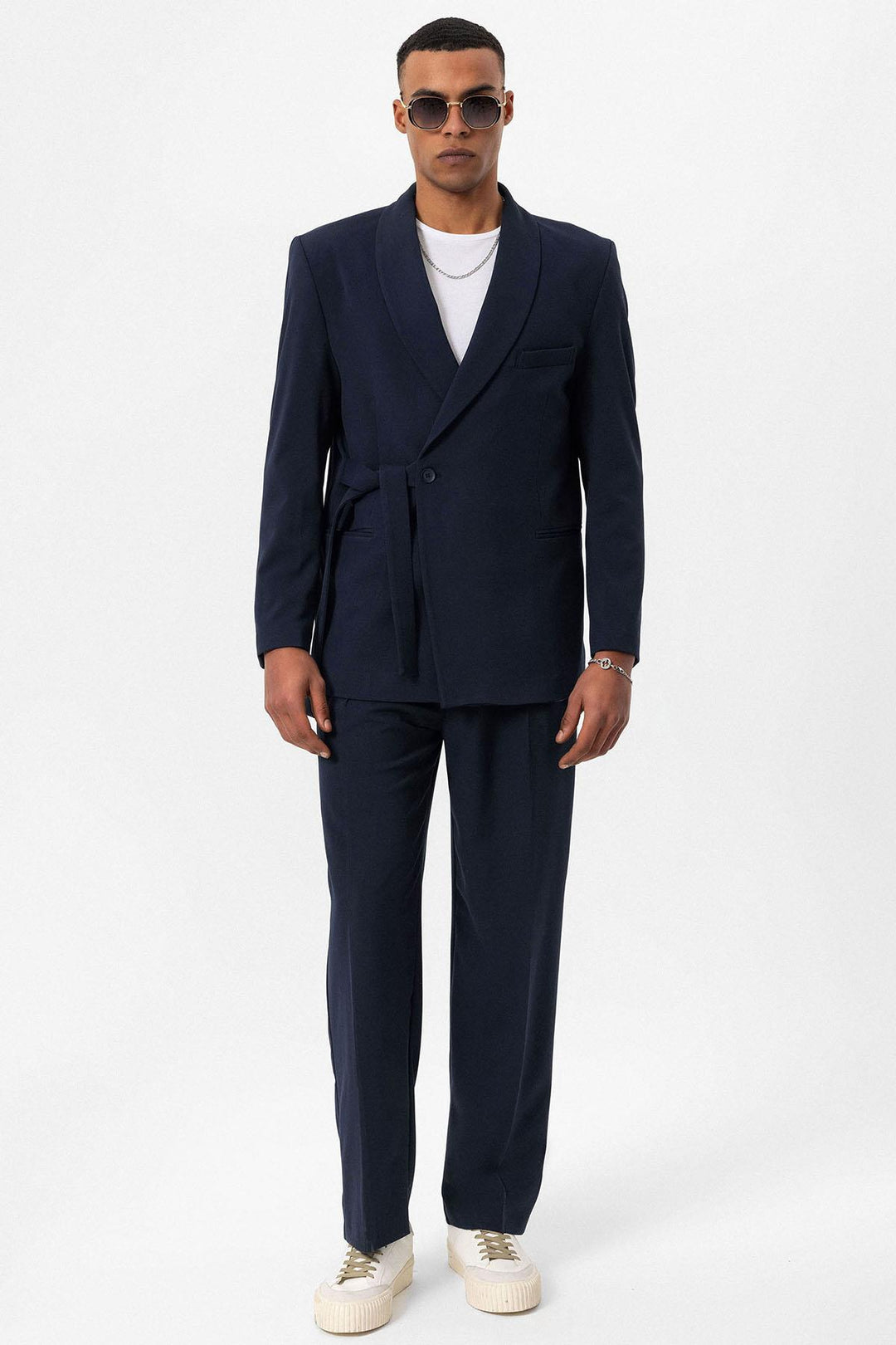 Blazer doppiopetto da uomo con dettagli tascabili in lino 100% lino blu navy - Wessi
