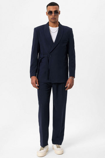 Blazer cruzado para hombre 100% lino azul marino con detalle de bolsillos - Wessi